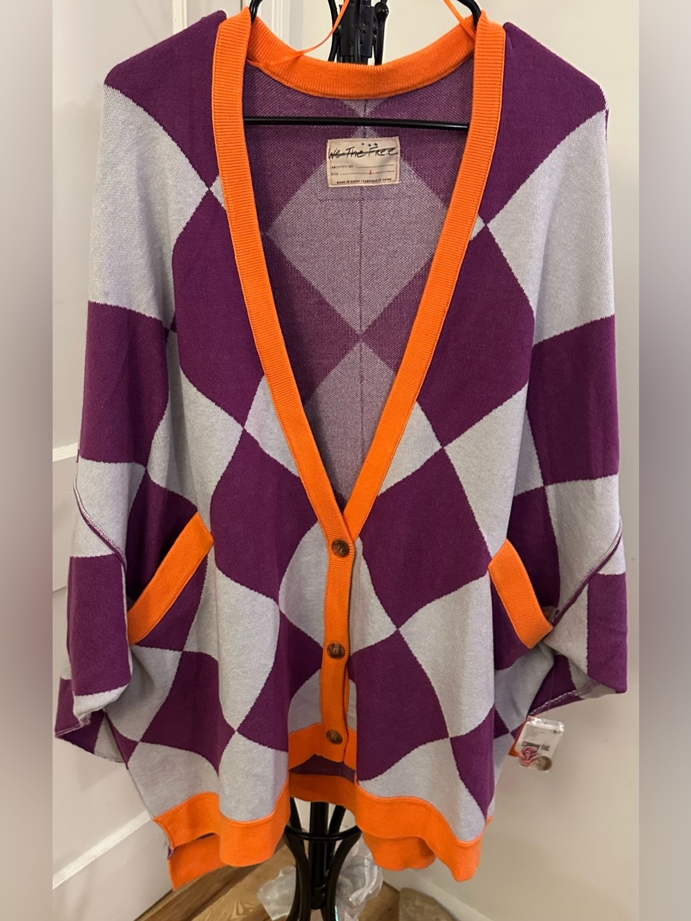 Free People Purple and Light Gray Argyle Cardigan Sweater Size Large